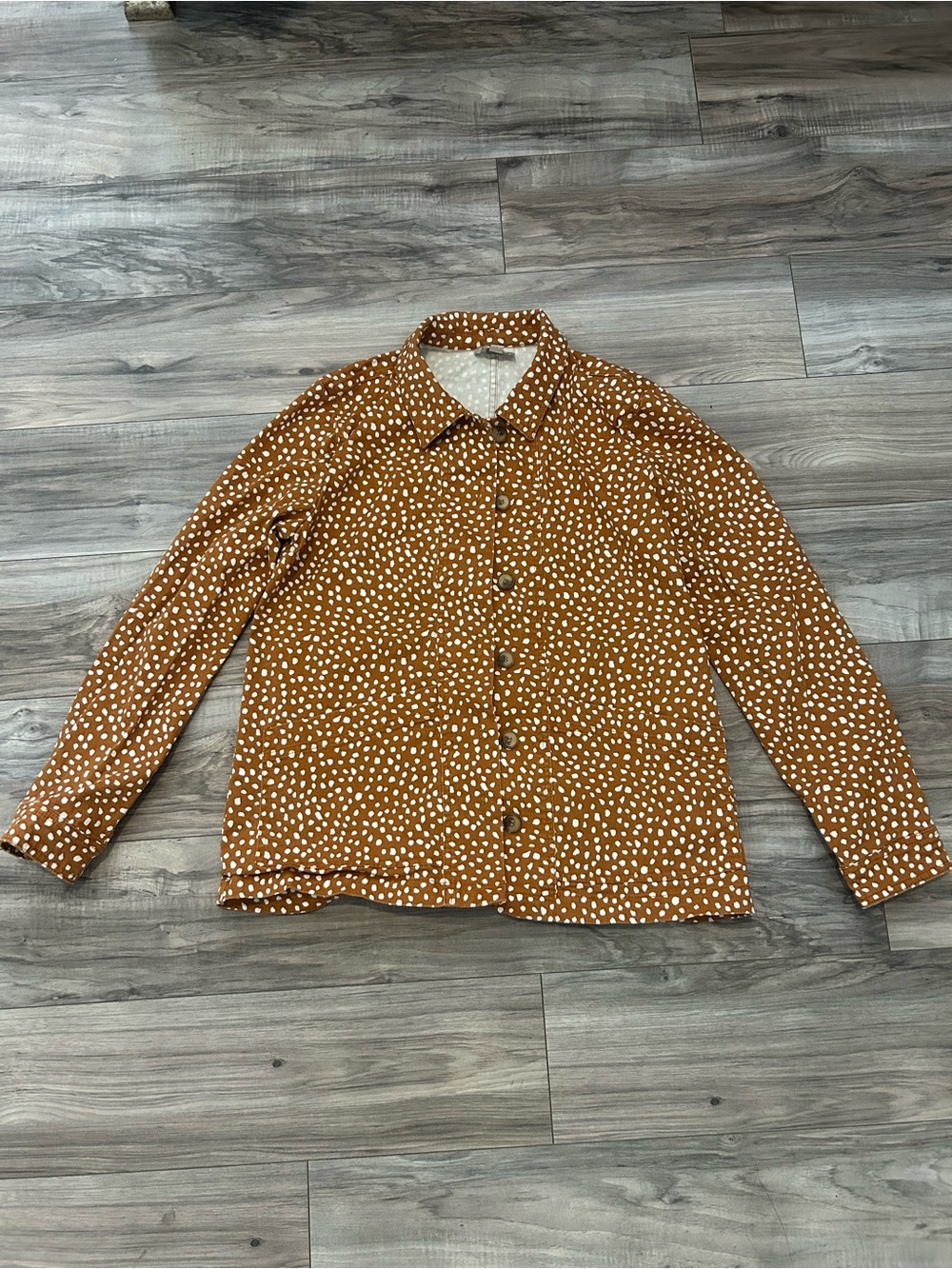 Women’s Rust Brown Polka Dot Button-Up Jacket size S but can fit a Medium